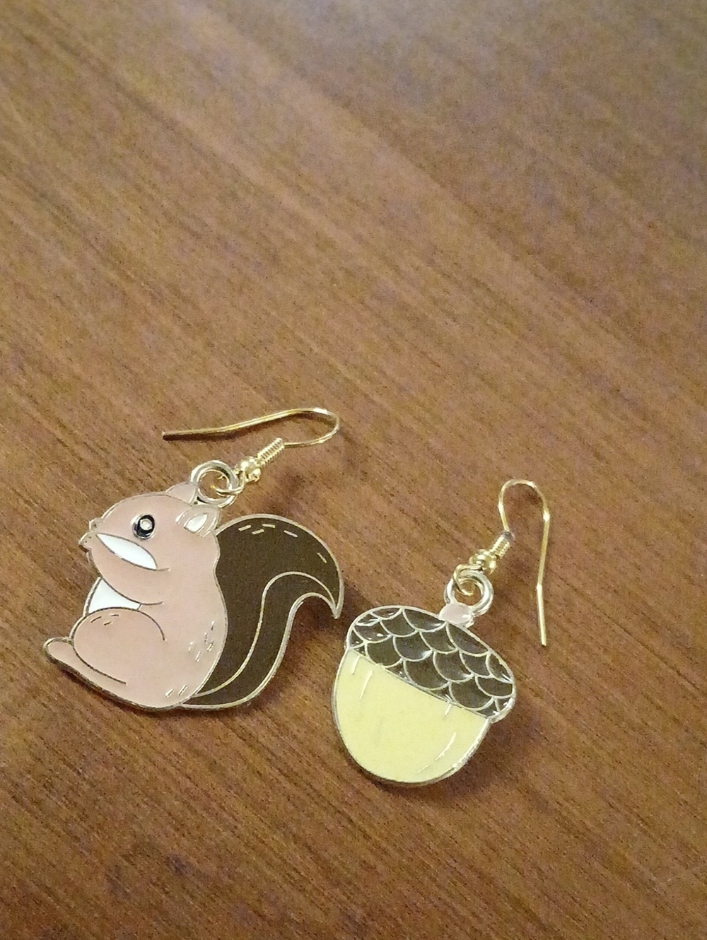 Gold Tone Hook Squirrel and Yellow Acorn Enamel Earrings -